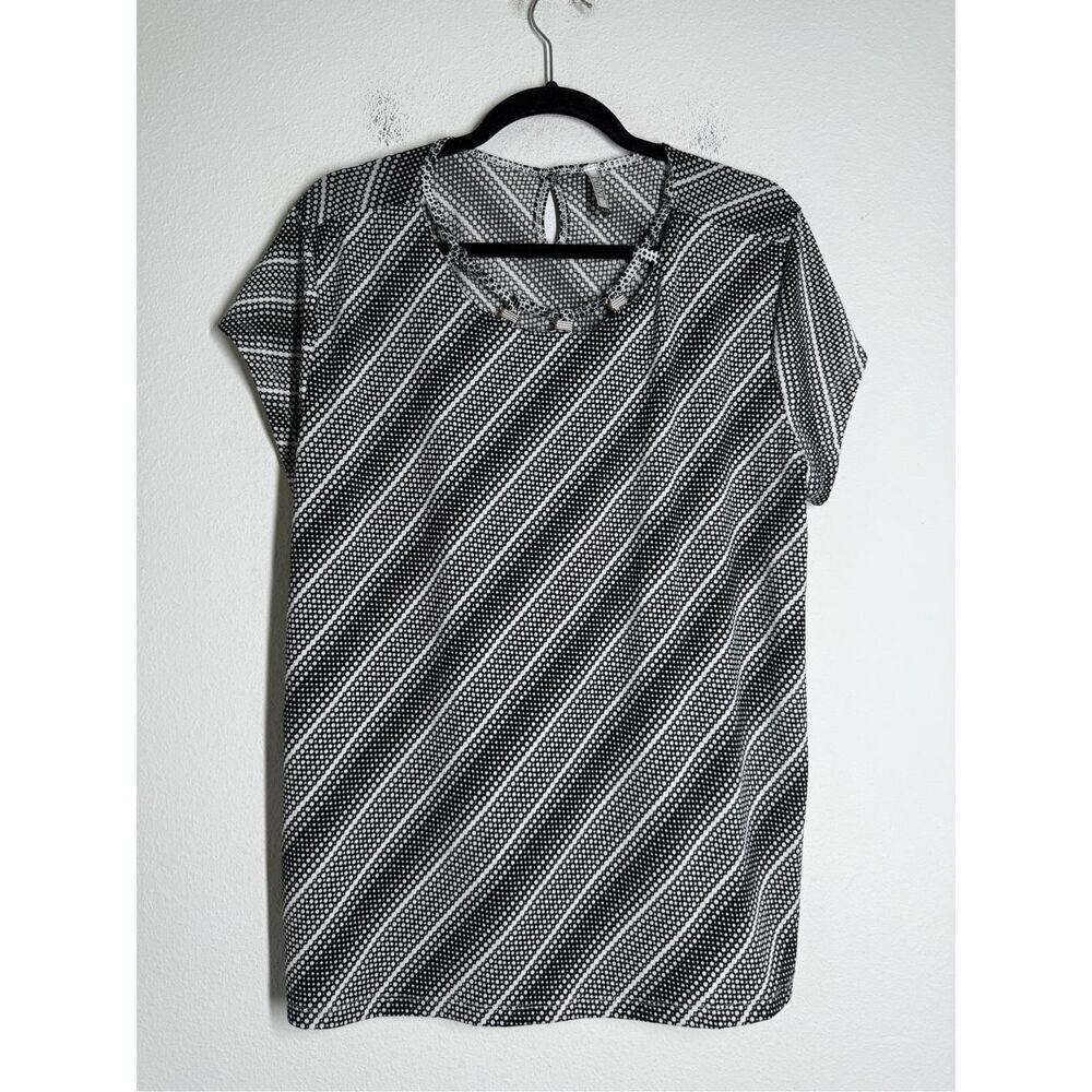 Point Women’s Travalers Top Tunic Blouse Strap Trim Collar Black White Size 3XL
